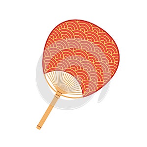 Uchiwa, Japanese non-bending rigid hand fan with bamboo handle. Asian traditional handheld paper item for air cooling