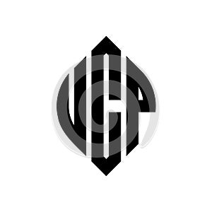 UCP circle letter logo design with circle and ellipse shape. UCP ellipse letters with typographic style. The three initials form a