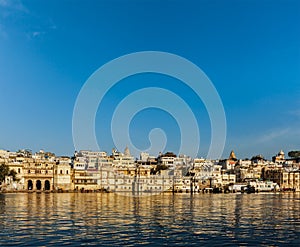 Udaipur houses and ghats on lake Pichola. Udaipur, Rajasthan, In