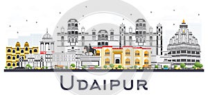 Udaipur India City Skyline with Color Buildings Isolated on Whit