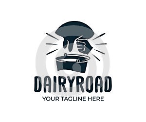 Udder and man milking a cow with bucket of milk, retro and vintage style, logo design. Farm, farming, agriculture, agricultural, c photo