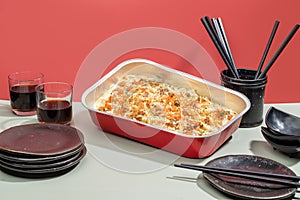 UDON CARBONARA food tray with drinks and chopsticks isolated on grey background side viewcreamy, party, wase, moria, moriawase,