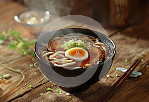 Udon With Egg Pork and Scallions in a Bowl on Top of a Wooden Table AI Generated