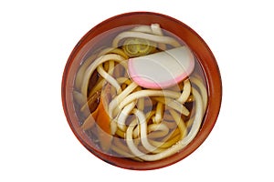 Udon japanese noodle with fresh Kamaboko or Japanese fish ball, isolated in white background