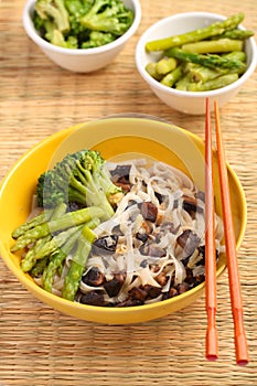 Udon noodle soup with mushrooms and vegetables