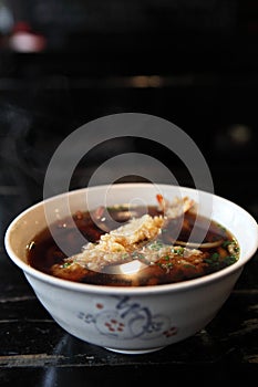 Udon noodles with shrimp tempura, Japanese food