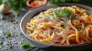 Udon stir-fry noodles with chicken meat and sesame in bowl on dark stone background copy space