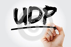 UDP - User Datagram Protocol acronym with marker, technology concept background