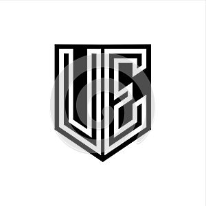 UE Logo monogram shield geometric white line inside black shield color design