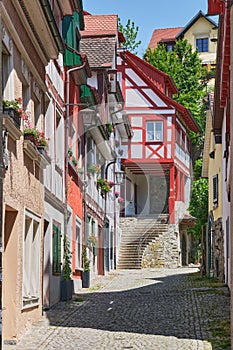 Ueberlingen on Lake Constance, an idyllic alley in the old town.