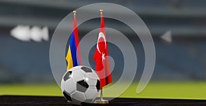 UEFA 2024 Soccer Armenia vs turkey European Championship Qualification, Flag Armenia and turkey with soccer ball. 3d work. Yerevan