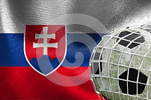 UEFA EURO 2024 Soccer, Slovakia Státní vlajka s fotbalovým míčem v síti, 3D práce a 3D obraz. Jerevan, Arménie – 3. dubna 2023