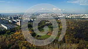 Ufa city at sunset in center. Aerial view