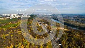 Ufa city at sunset in center. Aerial view