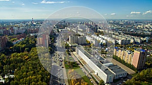 Ufa city at sunset in center. Aerial view