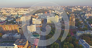 Ufa city at sunset in center. Aerial view