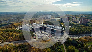 Ufa city at sunset in center. Aerial view