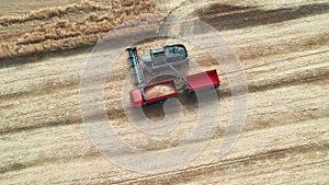 Ufa, Russia; August 23, 2022: Drone aerial footage of harvesters gathering grain crops from agricultural fields