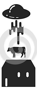 Ufo abduct cow from farm. Black barn silhouette