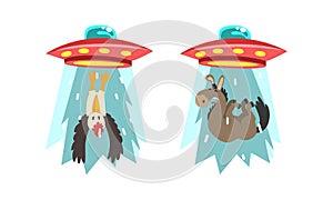 UFO Abducting Animals Set, Alien Spacecraft Stealing Donkey and Bird Cartoon Vector Illustration