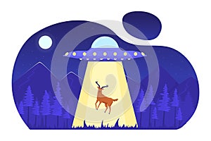 UFO abducting deer in night forest flat concept vector illustration
