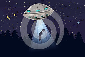 UFO abducting a men, summer night forest landscape, vector background with stars and moon in the sky. Cartoon style