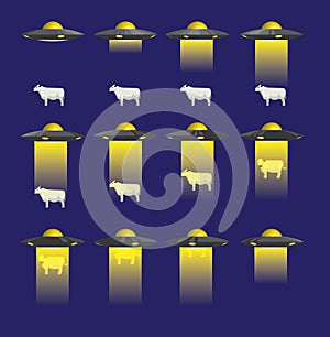UFO Abduction 3D Cow Animate Cartoon Vector Illustration