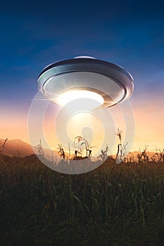 UFO with abduction beam flying in the sky