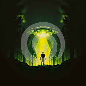 ufo abduction in a forest at night. paranormal concept GENERATIVE AI, GENERATIVE, AI,