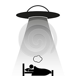 UFO abduction. UFO kidnaps the sleeper. Vector illustration