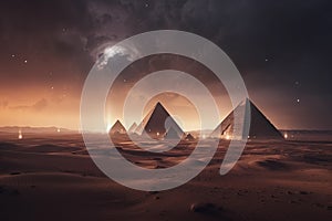 UFO above pyramids in desert during night time. Generative AI