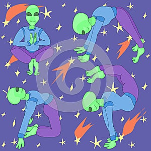 Ufo. the alien does yoga. space background. set of fantastic character poses