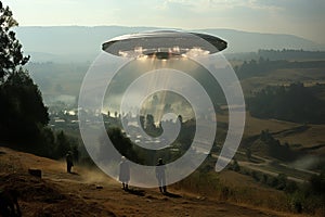 UFO, alien plate hovering over the field, hovering motionless in the air, Unidentified flying object and alien invasion photo