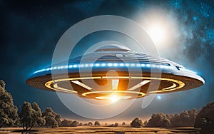 UFO an alien plate hovering over the field hovering motionless in the air Unidentified flying object, alien invasion