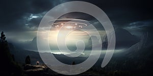 UFO. An alien saucer hovering motionless in the air. Unidentified flying object, alien invasion. Generative AI