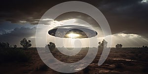 UFO. An alien saucer hovering motionless in the air. Unidentified flying object, alien invasion. Generative AI