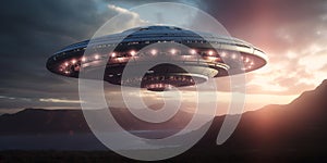 UFO. An alien saucer hovering motionless in the air. Unidentified flying object, alien invasion. Generative AI