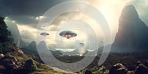 UFO. An alien saucer hovering motionless in the air. Unidentified flying object, alien invasion. Generative AI