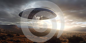 UFO. An alien saucer hovering motionless in the air. Unidentified flying object, alien invasion. Generative AI