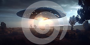 UFO. An alien saucer hovering motionless in the air. Unidentified flying object, alien invasion. Generative AI