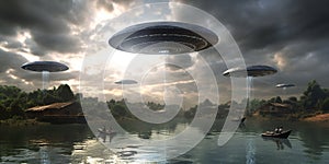 UFO. An alien saucer hovering motionless in the air. Unidentified flying object, alien invasion. Generative AI