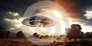 UFO. An alien saucer hovering motionless in the air. Unidentified flying object, alien invasion. Generative AI