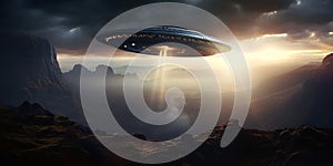 UFO. An alien saucer hovering motionless in the air. Unidentified flying object, alien invasion. Generative AI