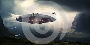 UFO. An alien saucer hovering motionless in the air. Unidentified flying object, alien invasion. Generative AI