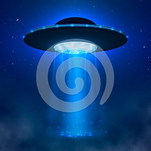 UFO. Alien spacecraft with light beam and fog. UFO Vector Illustration