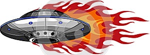 UFO - alien spaceship with flames. Vector illustration design