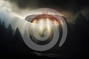 UFO Alien Spaceship Over Forest