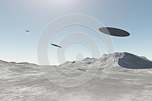 UFO alien spaceships flying over mountains