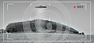 UFO, alien and viewfinder on a camera screen to record a flying saucer in the sky over area 51. Camcorder, sighting and