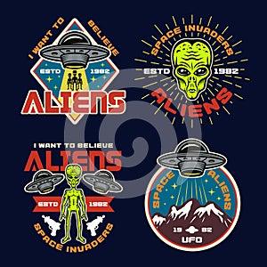 Ufo and aliens set of four colored vector emblems